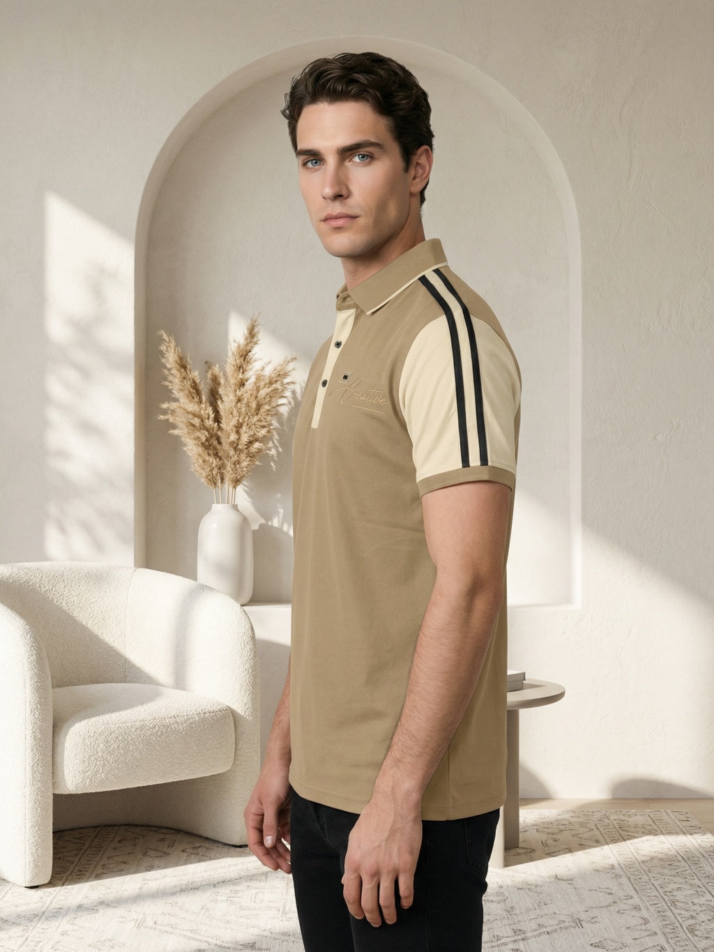 Monaco Stripe Polo - Sand Khaki