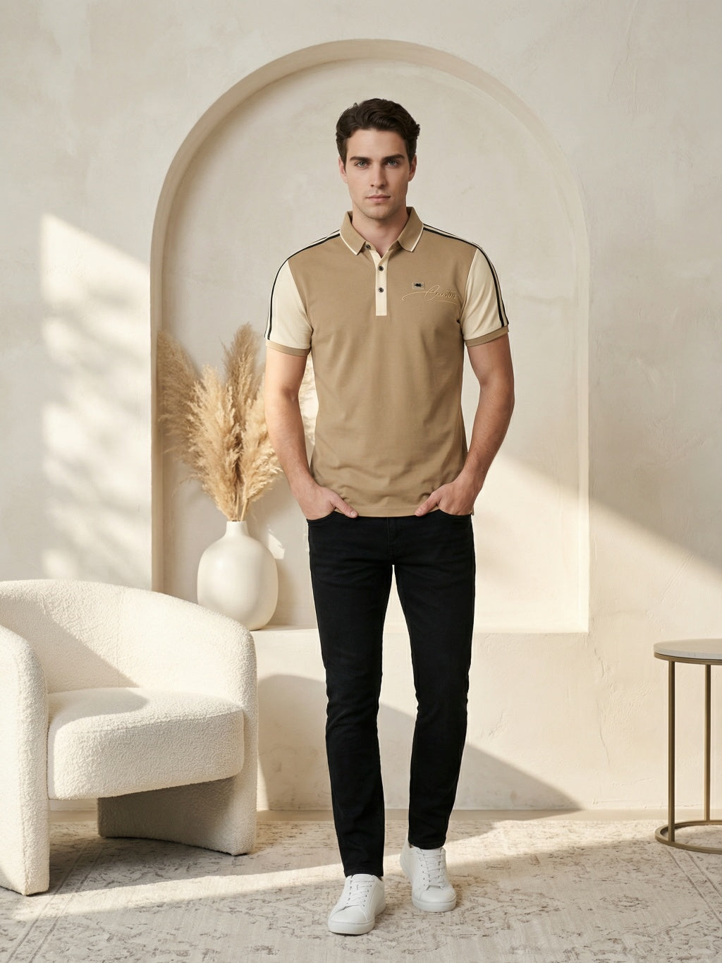 Monaco Stripe Polo - Sand Khaki