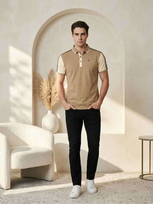 Monaco Stripe Polo - Sand Khaki